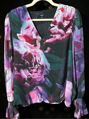 Express Floral Blouse XL Sheer Long Sleeve V Neck Romantic Statement Top
